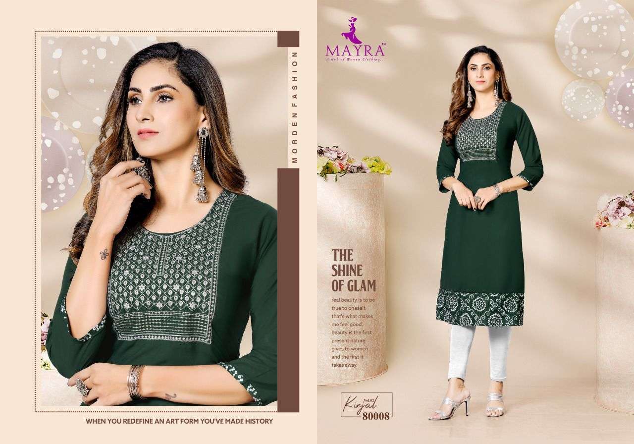 KINJAL VOL-2 BY MAYRA 80001 TO 80008 SERIES DESIGNER STYLISH FANCY COLORFUL BEAUTIFUL PARTY WEAR & ETHNIC WEAR COLLECTION RAYON EMBROIDERED KURTI AT WHOLESALE PRICE