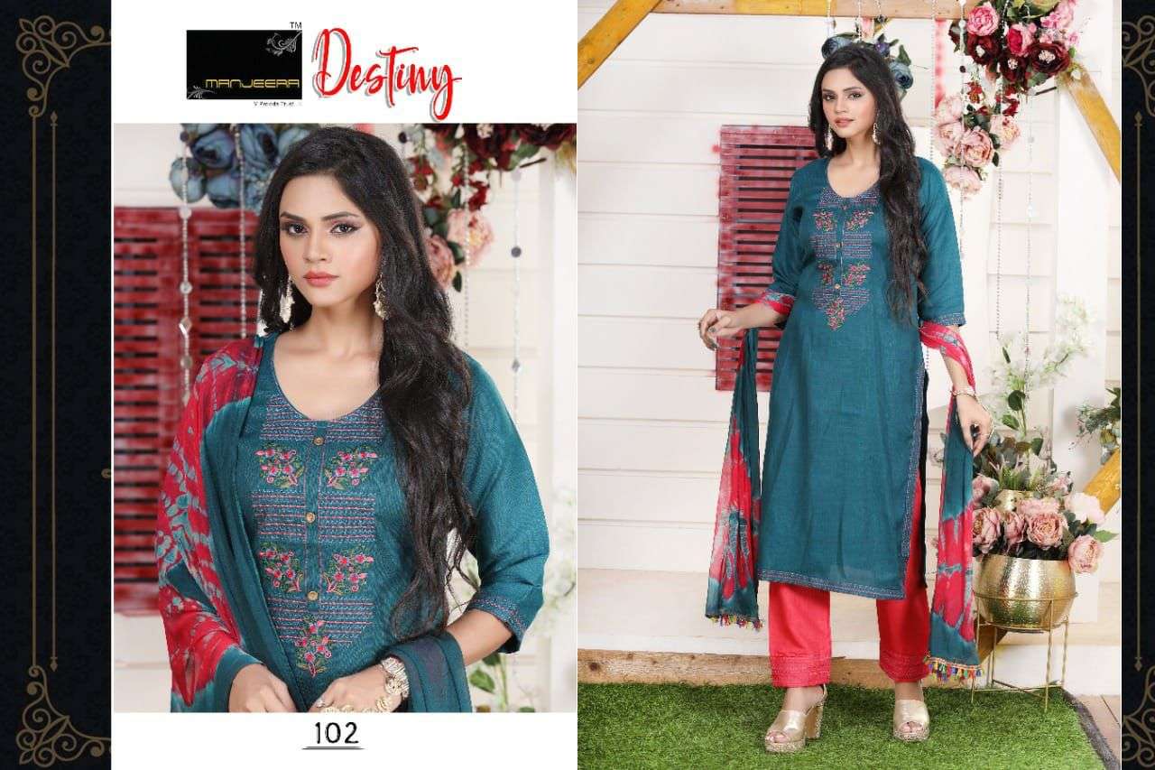 DESTINY BY MANJEERA 101 TO 108 SERIES BEAUTIFUL SUITS COLORFUL STYLISH FANCY CASUAL WEAR & ETHNIC WEAR FANCY DRESSES AT WHOLESALE PRICE