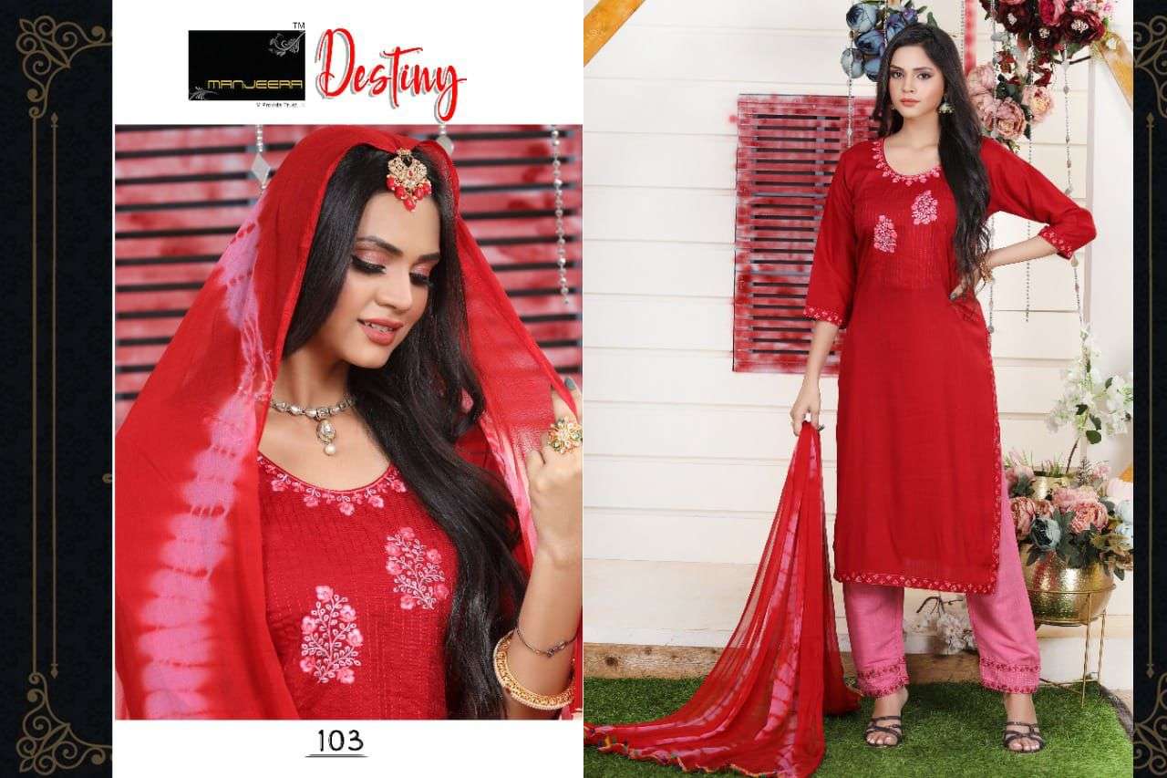 DESTINY BY MANJEERA 101 TO 108 SERIES BEAUTIFUL SUITS COLORFUL STYLISH FANCY CASUAL WEAR & ETHNIC WEAR FANCY DRESSES AT WHOLESALE PRICE