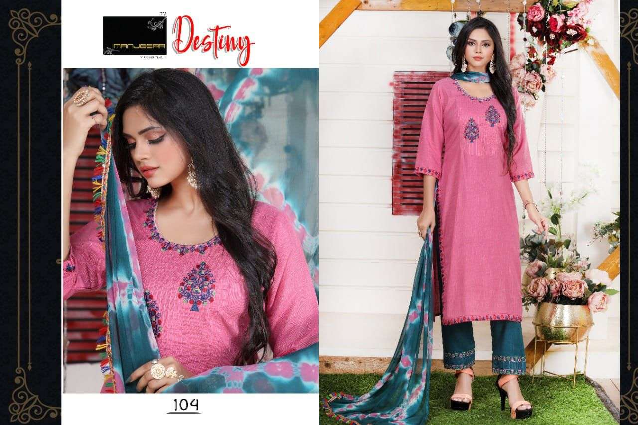 DESTINY BY MANJEERA 101 TO 108 SERIES BEAUTIFUL SUITS COLORFUL STYLISH FANCY CASUAL WEAR & ETHNIC WEAR FANCY DRESSES AT WHOLESALE PRICE