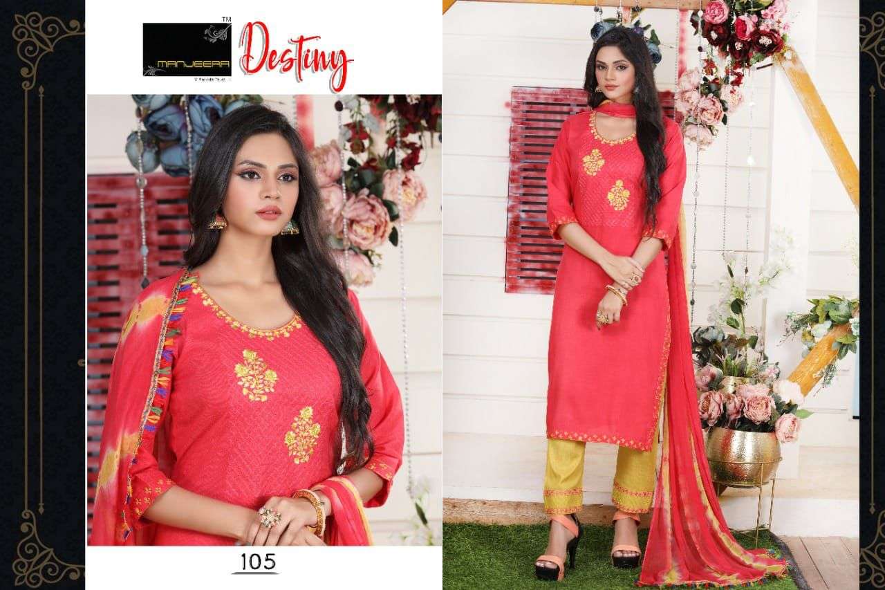 DESTINY BY MANJEERA 101 TO 108 SERIES BEAUTIFUL SUITS COLORFUL STYLISH FANCY CASUAL WEAR & ETHNIC WEAR FANCY DRESSES AT WHOLESALE PRICE