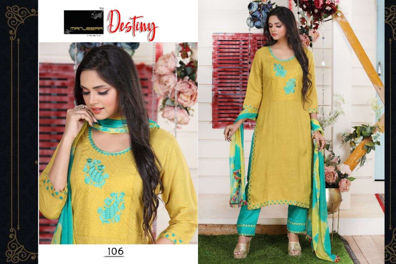 DESTINY BY MANJEERA 101 TO 108 SERIES BEAUTIFUL SUITS COLORFUL STYLISH FANCY CASUAL WEAR & ETHNIC WEAR FANCY DRESSES AT WHOLESALE PRICE
