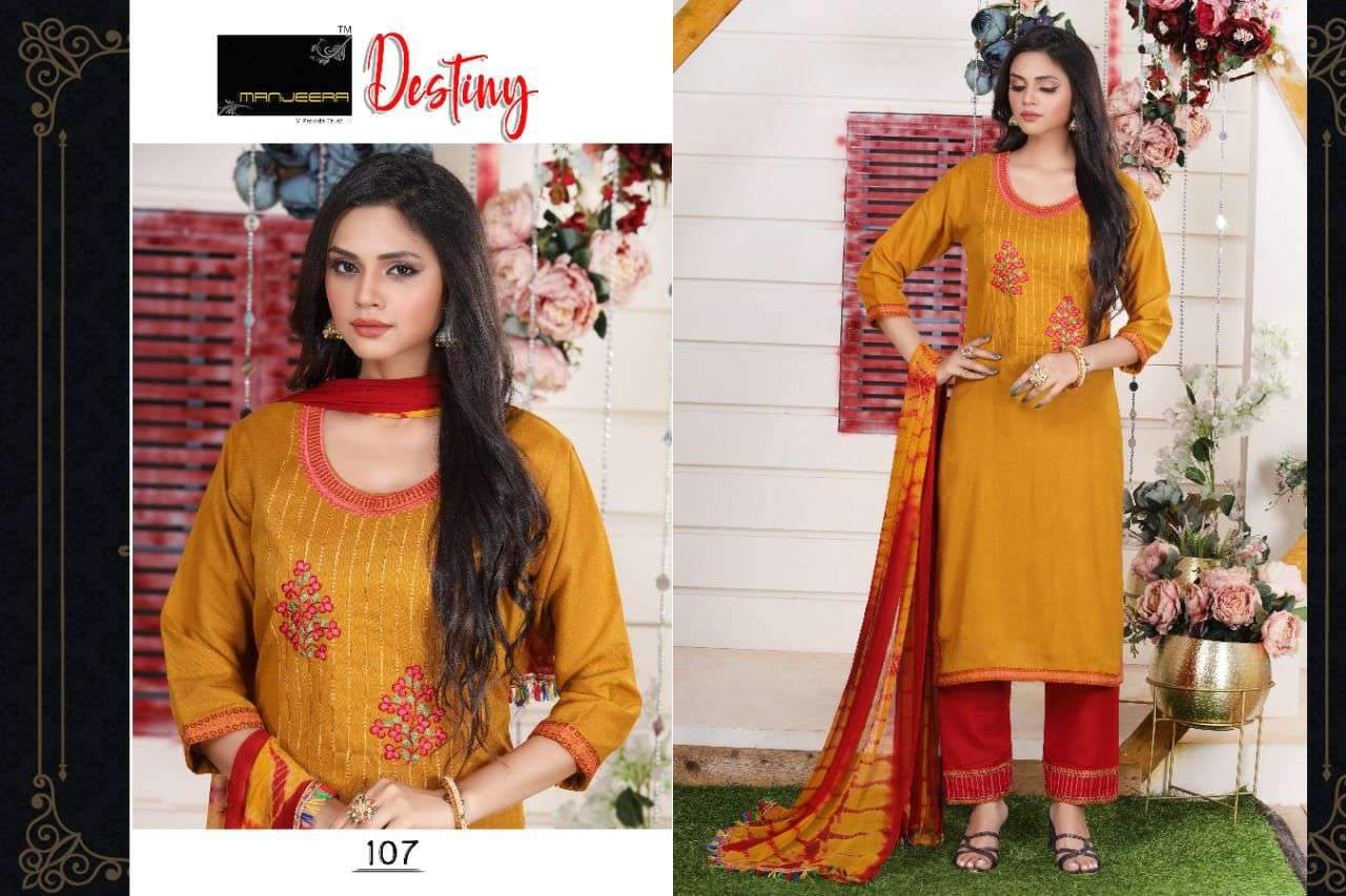 DESTINY BY MANJEERA 101 TO 108 SERIES BEAUTIFUL SUITS COLORFUL STYLISH FANCY CASUAL WEAR & ETHNIC WEAR FANCY DRESSES AT WHOLESALE PRICE