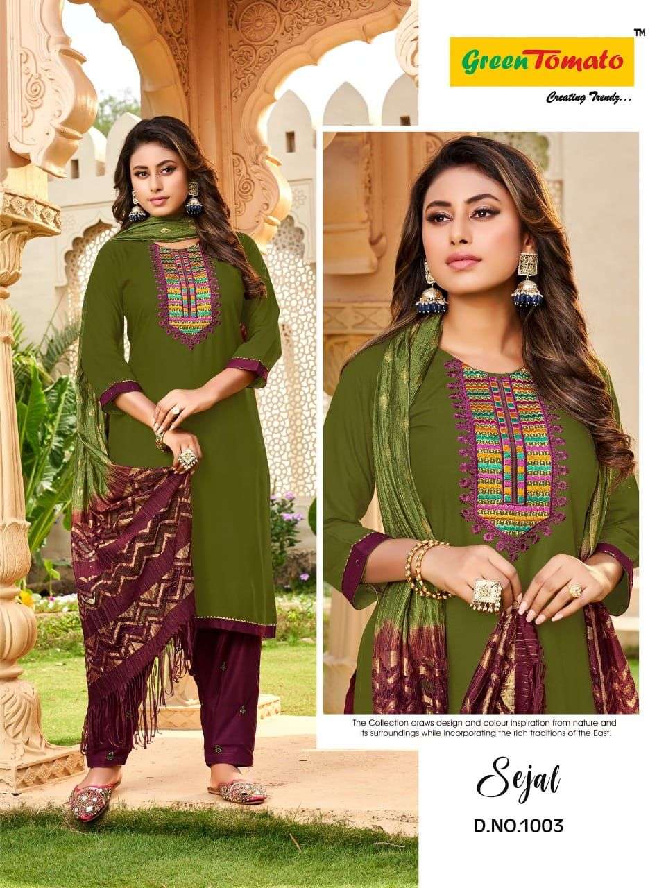 SEJAL BY GREEN TOMATO 1001 TO 1008 SERIES BEAUTIFUL PATIYALA SUITS COLORFUL STYLISH FANCY CASUAL WEAR & ETHNIC WEAR RAYON PRINT DRESSES AT WHOLESALE PRICE