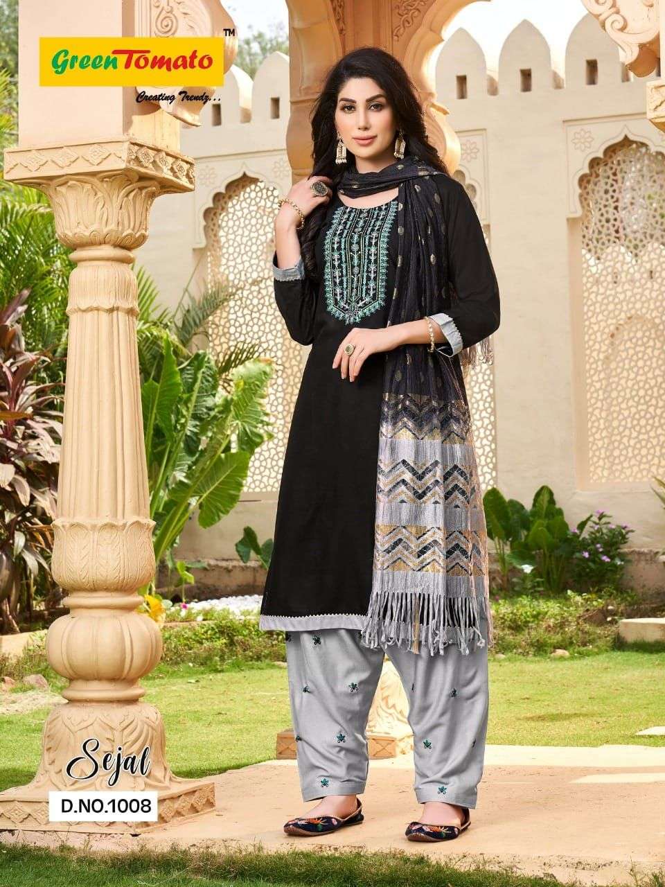 SEJAL BY GREEN TOMATO 1001 TO 1008 SERIES BEAUTIFUL PATIYALA SUITS COLORFUL STYLISH FANCY CASUAL WEAR & ETHNIC WEAR RAYON PRINT DRESSES AT WHOLESALE PRICE