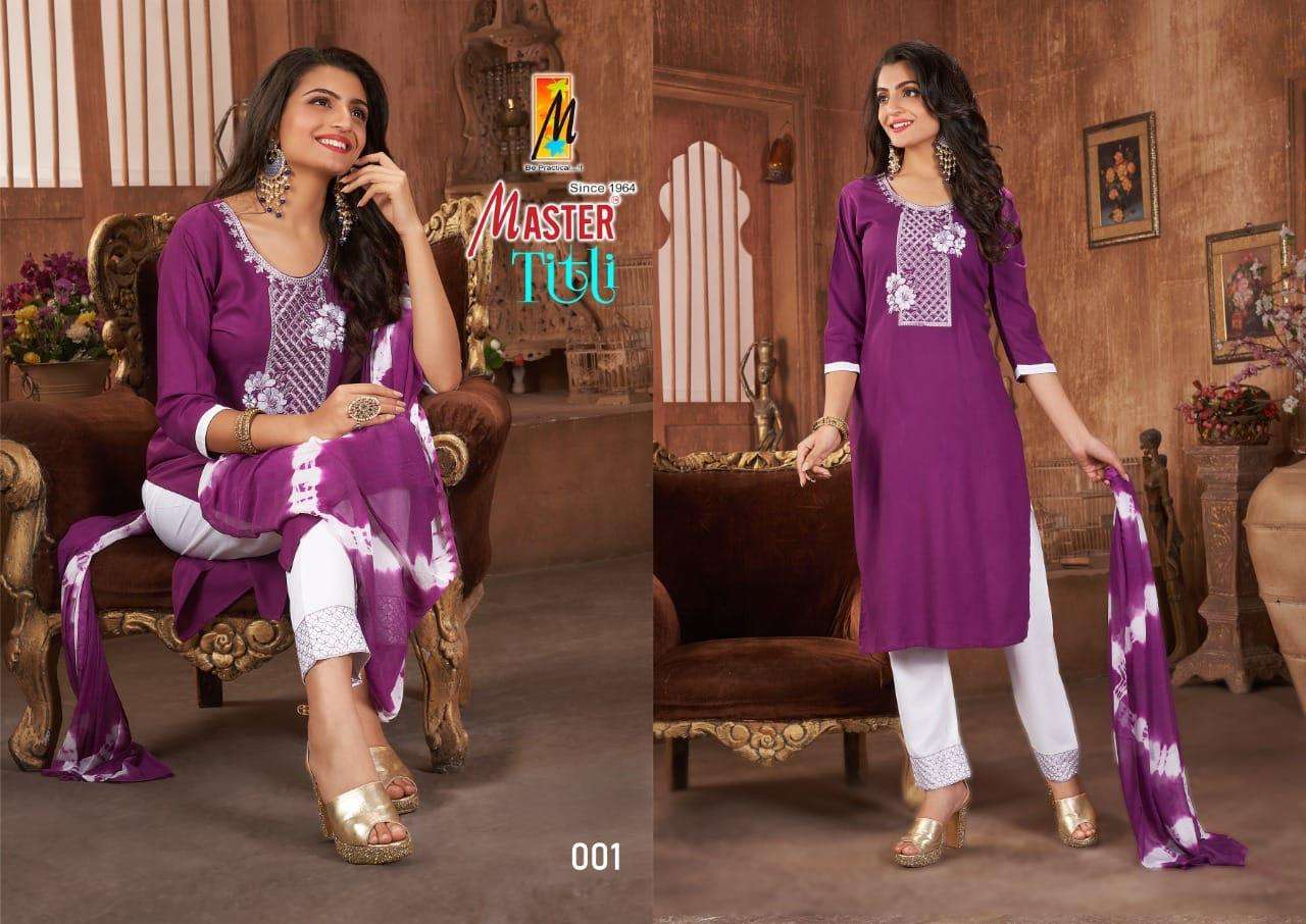 TITLI BY MASTER 001 TO 008 SERIES BEAUTIFUL SUITS COLORFUL STYLISH FANCY CASUAL WEAR & ETHNIC WEAR RAYON PRINT DRESSES AT WHOLESALE PRICE