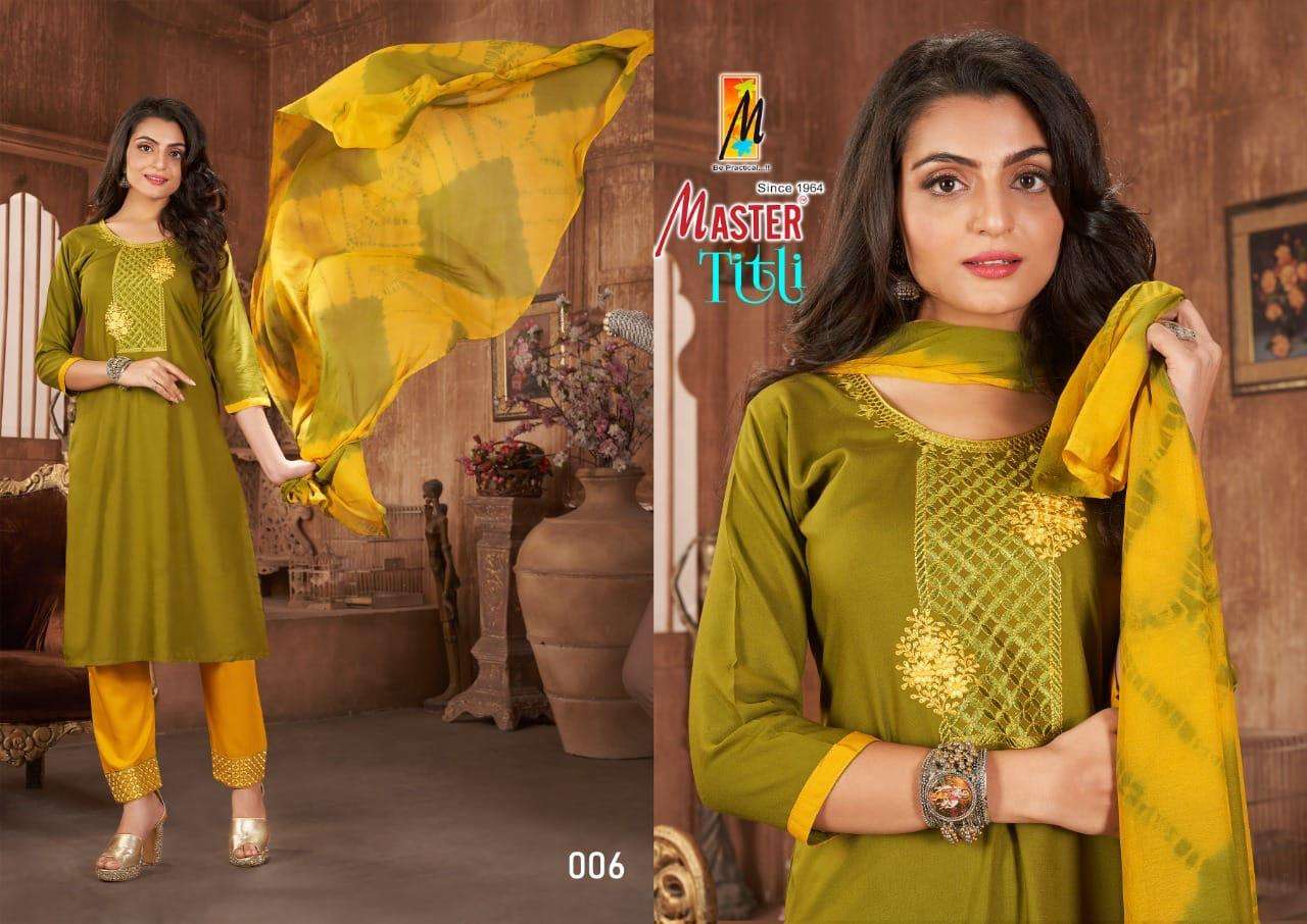 TITLI BY MASTER 001 TO 008 SERIES BEAUTIFUL SUITS COLORFUL STYLISH FANCY CASUAL WEAR & ETHNIC WEAR RAYON PRINT DRESSES AT WHOLESALE PRICE