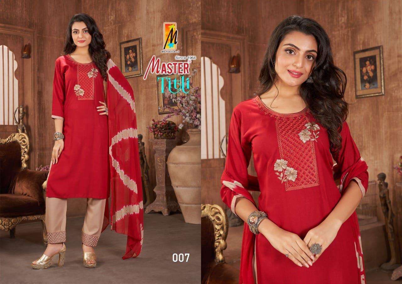 TITLI BY MASTER 001 TO 008 SERIES BEAUTIFUL SUITS COLORFUL STYLISH FANCY CASUAL WEAR & ETHNIC WEAR RAYON PRINT DRESSES AT WHOLESALE PRICE