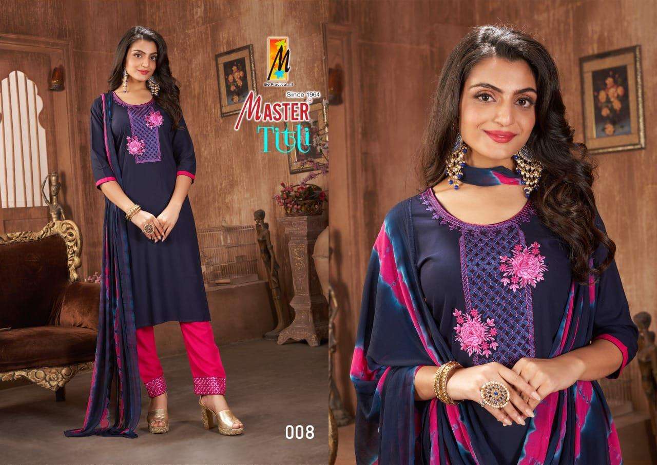 TITLI BY MASTER 001 TO 008 SERIES BEAUTIFUL SUITS COLORFUL STYLISH FANCY CASUAL WEAR & ETHNIC WEAR RAYON PRINT DRESSES AT WHOLESALE PRICE