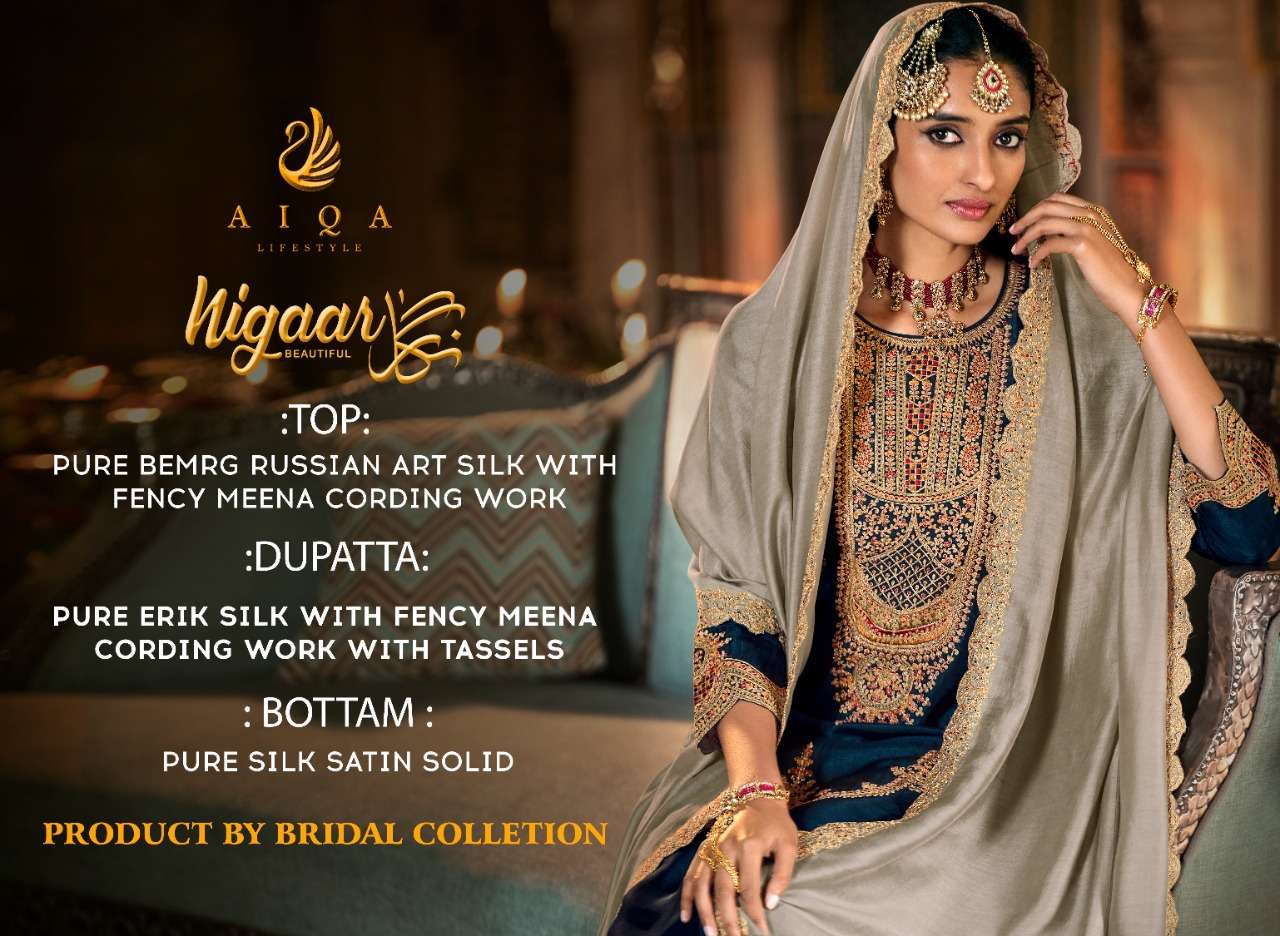 NIGAAR BY AIQA 1557 TO 1564 SERIES BEAUTIFUL SUITS COLORFUL STYLISH FANCY CASUAL WEAR & ETHNIC WEAR PURE BEMBERG SILK DRESSES AT WHOLESALE PRICE