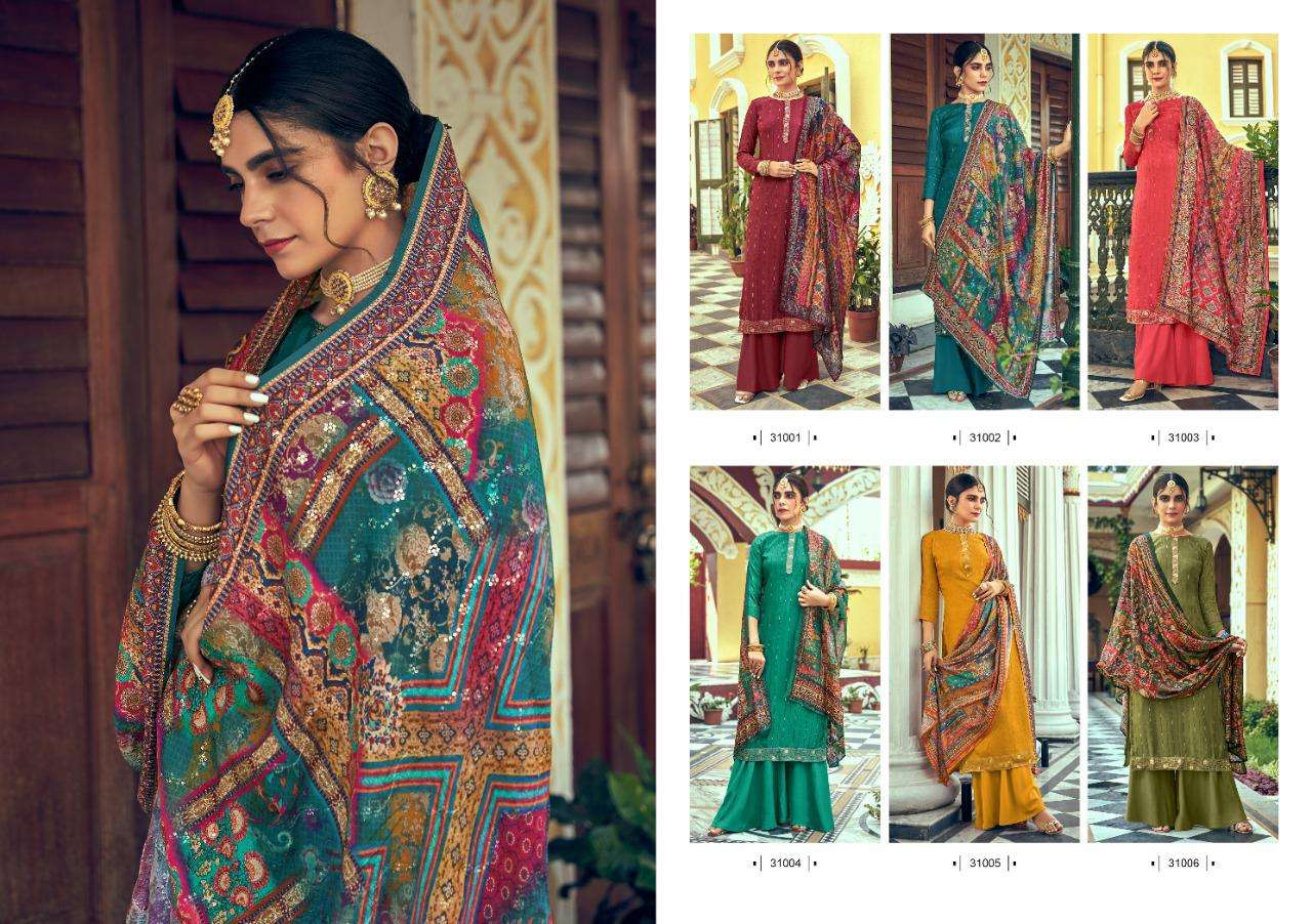 SAACHI BY NISHANT FASHION 31001 TO 31006 SERIES SHARARA SUITS BEAUTIFUL FANCY COLORFUL STYLISH PARTY WEAR & OCCASIONAL WEAR SILK DRESSES AT WHOLESALE PRICE