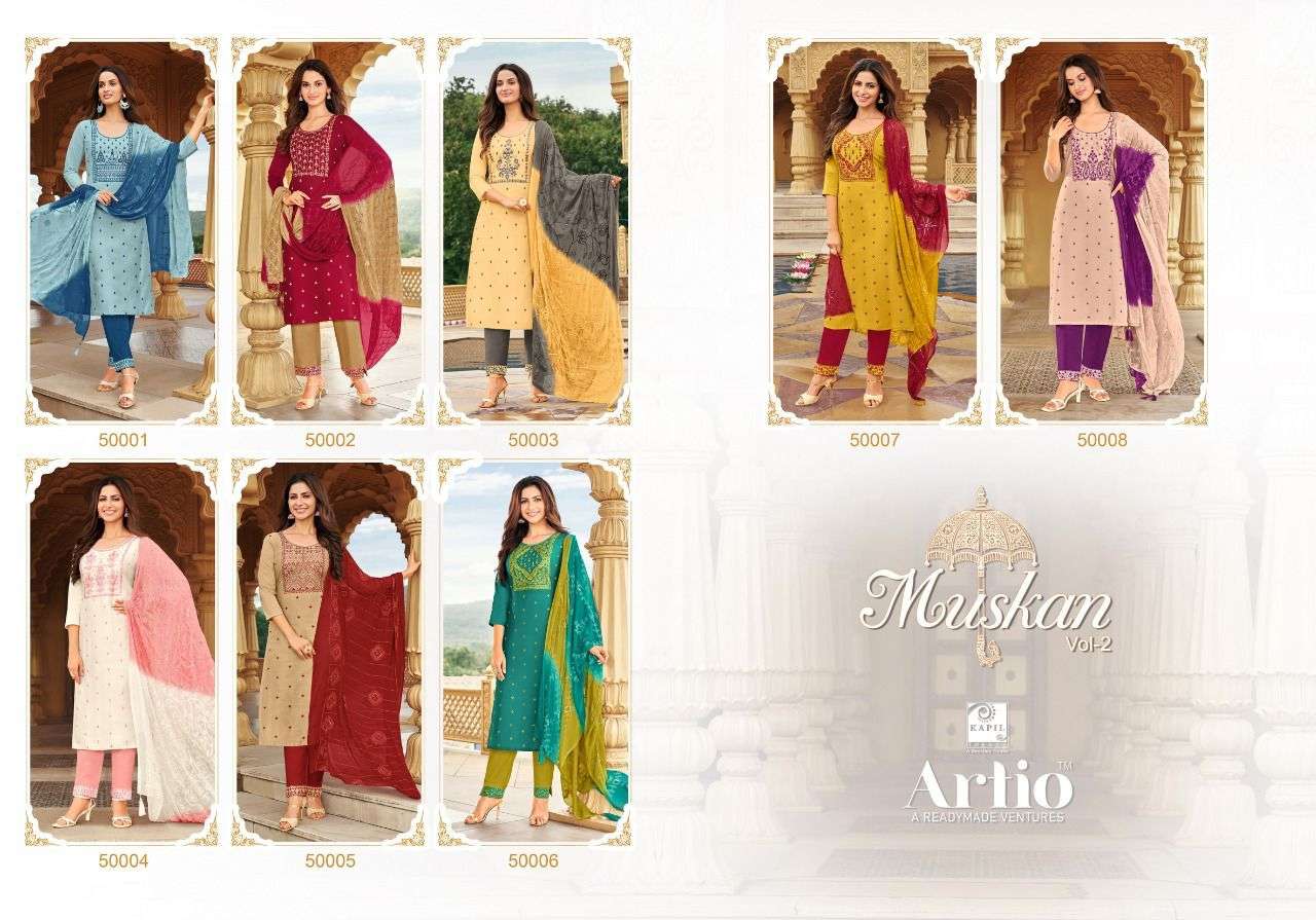 MUSKAN VOL-2 BY ARTIO 50001 TO 50008 SERIES BEAUTIFUL SUITS COLORFUL STYLISH FANCY CASUAL WEAR & ETHNIC WEAR COTTON SILK DRESSES AT WHOLESALE PRICE
