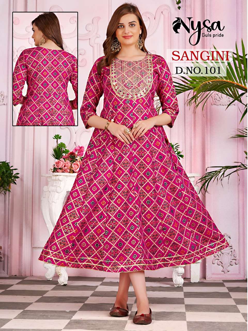 SANGINI BY NYSA 1001 TO 1004 SERIES BEAUTIFUL STYLISH FANCY COLORFUL CASUAL WEAR & ETHNIC WEAR BANDHEJ PRINT GOWNS WITH DUPATTA AT WHOLESALE PRICE