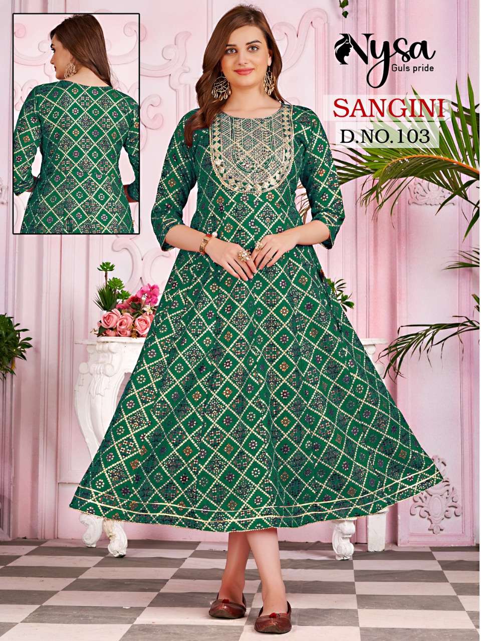 SANGINI BY NYSA 1001 TO 1004 SERIES BEAUTIFUL STYLISH FANCY COLORFUL CASUAL WEAR & ETHNIC WEAR BANDHEJ PRINT GOWNS WITH DUPATTA AT WHOLESALE PRICE