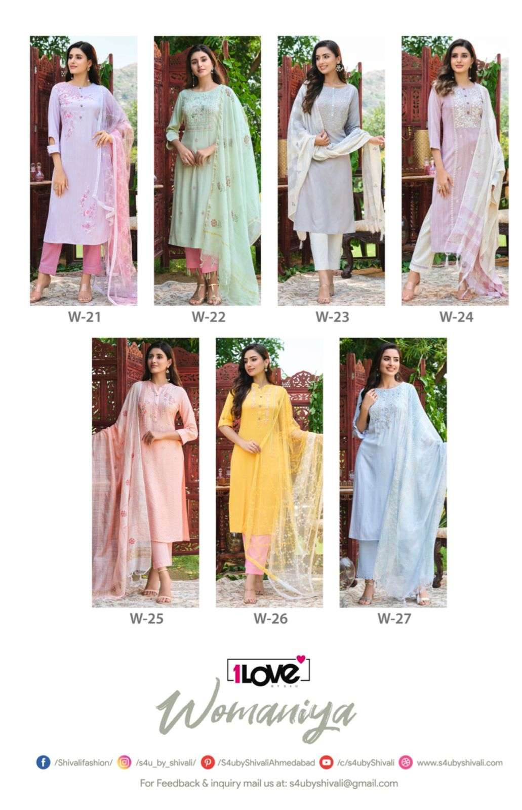WOMANIYA VOL-2 BY 1 LOVE 21 TO 27 SERIES STYLISH BEAUTIFUL COLOURFUL PRINTED & EMBROIDERED PARTY WEAR & OCCASIONAL WEAR VISCOSE SLUB DRESSES AT WHOLESALE PRICE