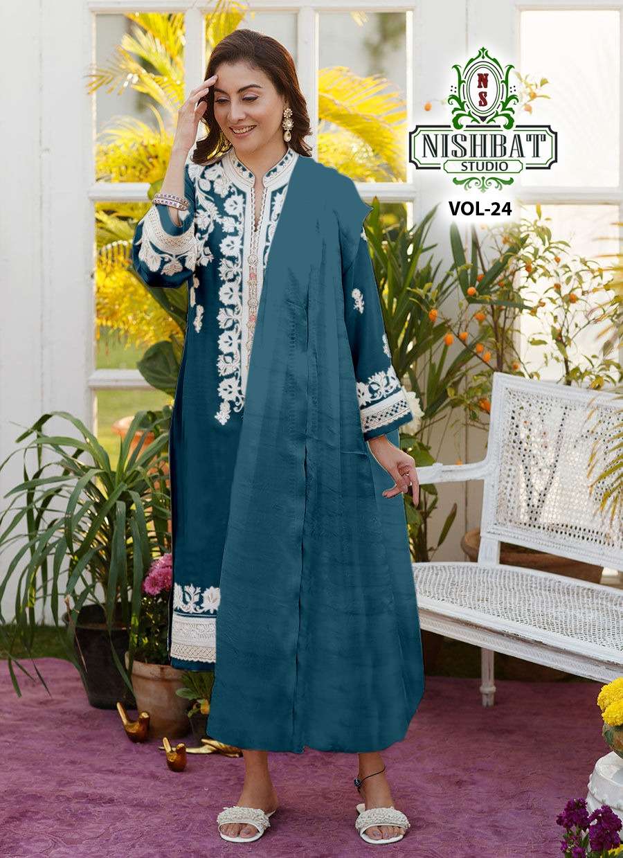NISHBAT VOL-24 BY NISHBAT STUDIO 24-A TO 24-C SERIES DESIGNER PAKISTANI SUITS BEAUTIFUL STYLISH FANCY COLORFUL PARTY WEAR & OCCASIONAL WEAR FAUX GEORGETTE EMBROIDERED DRESSES AT WHOLESALE PRICE