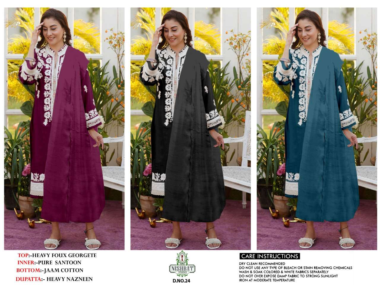 NISHBAT VOL-24 BY NISHBAT STUDIO 24-A TO 24-C SERIES DESIGNER PAKISTANI SUITS BEAUTIFUL STYLISH FANCY COLORFUL PARTY WEAR & OCCASIONAL WEAR FAUX GEORGETTE EMBROIDERED DRESSES AT WHOLESALE PRICE