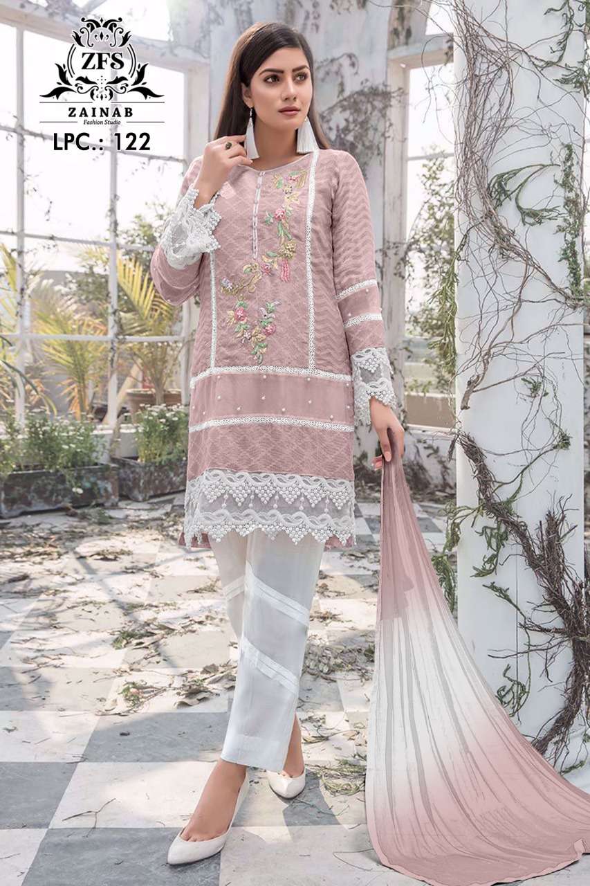 LPC-122 BY ZAINAB FASHION 122-A TO 122-C SERIES DESIGNER PAKISTANI SUITS BEAUTIFUL STYLISH FANCY COLORFUL PARTY WEAR & OCCASIONAL WEAR PURE GEORGETTE EMBROIDERED DRESSES AT WHOLESALE PRICE