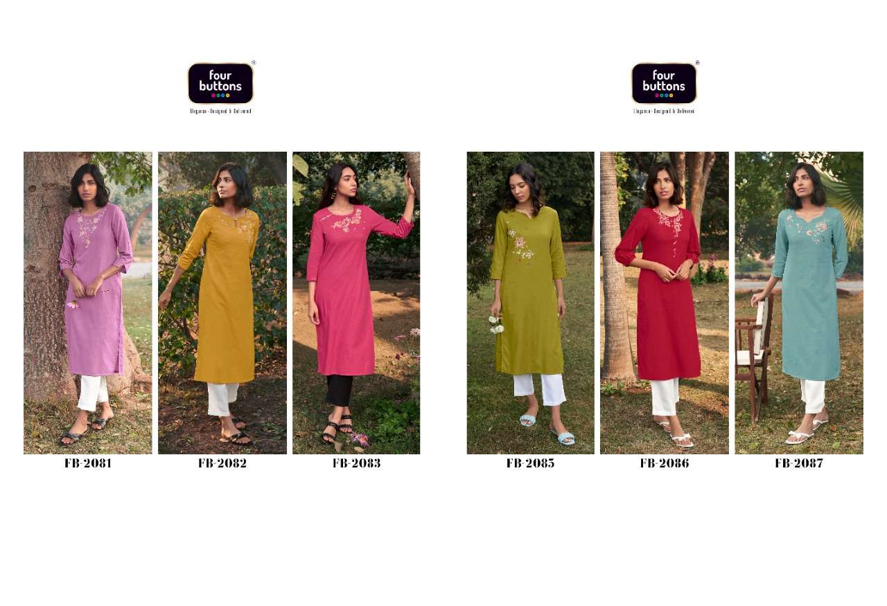 COLORS VOL-14 BY FOUR BUTTONS 2081 TO 2086 SERIES DESIGNER STYLISH FANCY COLORFUL BEAUTIFUL PARTY WEAR & ETHNIC WEAR COLLECTION COTTON EMBROIDERED KURTIS AT WHOLESALE PRICE