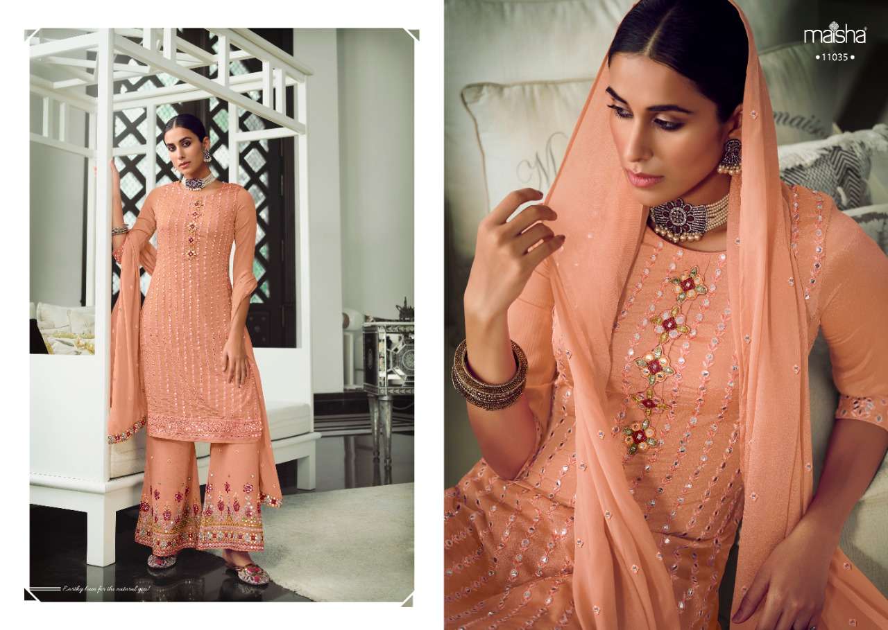 SHAZIA 11035 SERIES BY MAISHA 11035 TO 11038 SERIES BEAUTIFUL SHARARA SUITS STYLISH FANCY COLORFUL PARTY WEAR & OCCASIONAL WEAR PURE CHINNON EMBROIDERY DRESSES AT WHOLESALE PRICE