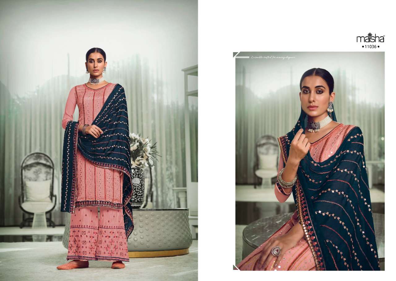 SHAZIA 11035 SERIES BY MAISHA 11035 TO 11038 SERIES BEAUTIFUL SHARARA SUITS STYLISH FANCY COLORFUL PARTY WEAR & OCCASIONAL WEAR PURE CHINNON EMBROIDERY DRESSES AT WHOLESALE PRICE