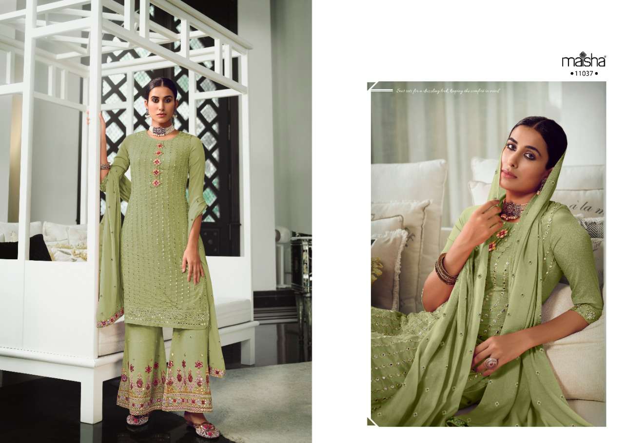SHAZIA 11035 SERIES BY MAISHA 11035 TO 11038 SERIES BEAUTIFUL SHARARA SUITS STYLISH FANCY COLORFUL PARTY WEAR & OCCASIONAL WEAR PURE CHINNON EMBROIDERY DRESSES AT WHOLESALE PRICE