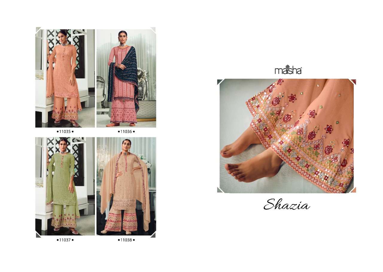 SHAZIA 11035 SERIES BY MAISHA 11035 TO 11038 SERIES BEAUTIFUL SHARARA SUITS STYLISH FANCY COLORFUL PARTY WEAR & OCCASIONAL WEAR PURE CHINNON EMBROIDERY DRESSES AT WHOLESALE PRICE