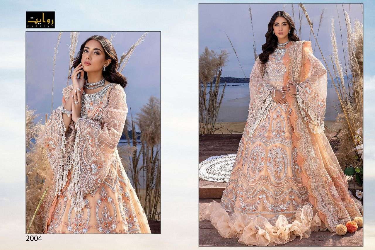 TABEER SPECIAL VOL-8 BY RAWAYAT 2001 TO 2004 SERIES PAKISTANI STYLISH BEAUTIFUL COLOURFUL PRINTED & EMBROIDERED PARTY WEAR & OCCASIONAL WEAR HEAVY NET EMBROIDERED DRESSES AT WHOLESALE PRICE