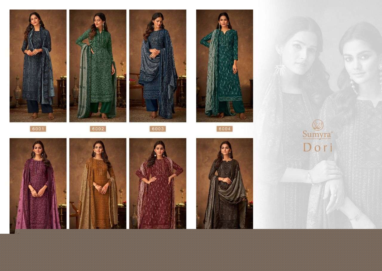 DORI BY SUMYRA 6001 TO 6008 SERIES BEAUTIFUL SUITS STYLISH FANCY COLORFUL PARTY WEAR & OCCASIONAL WEAR PURE PASHMINA PRINT DRESSES AT WHOLESALE PRICE