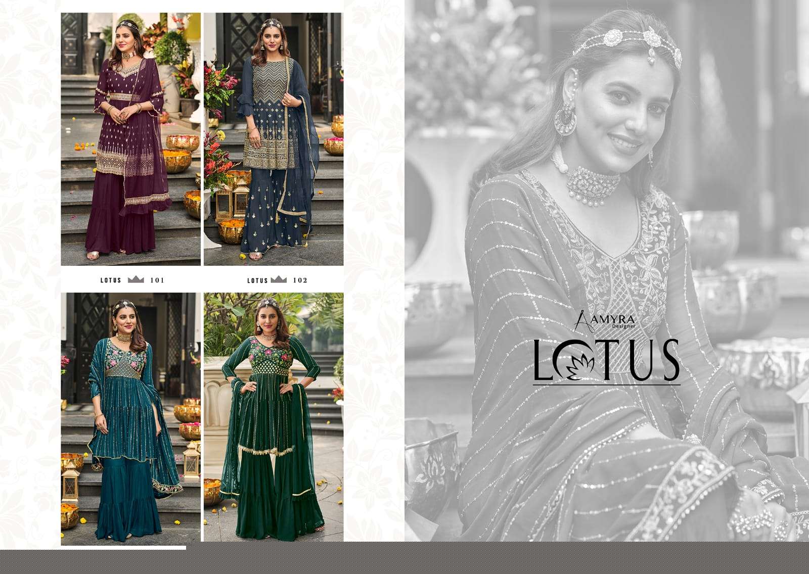 Lotus By Amyra Designer 101 To 104 Series Sharara Stylish Beautiful Colourful Printed & Embroidered Party Wear & Occasional Wear Heavy Georgette Embroidered Dresses At Wholesale Price