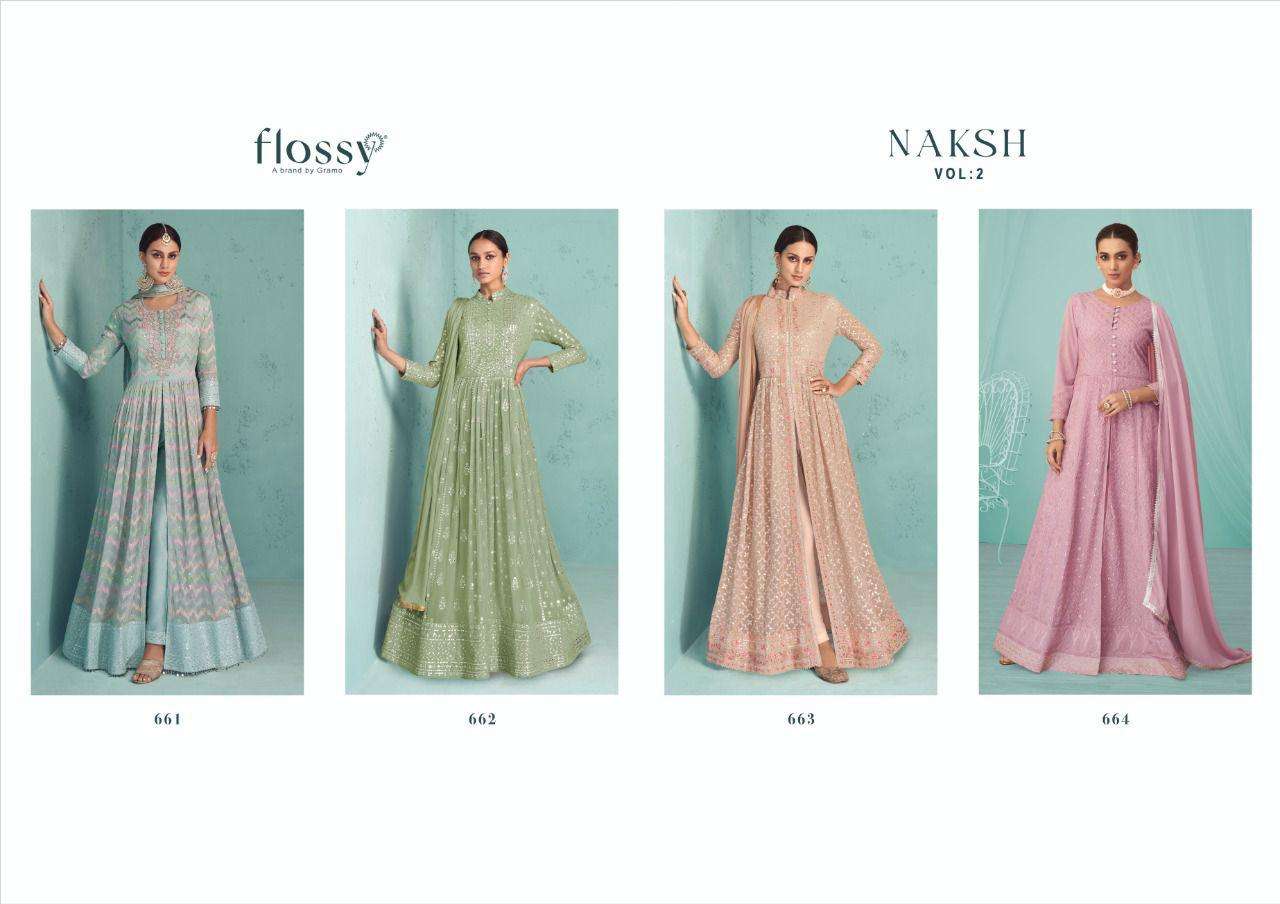 Naksh Vol-2 By Flossy 661 To 664 Series Beautiful Anarkali Suits Colorful Stylish Fancy Casual Wear & Ethnic Wear Georgette Embroidered Dresses At Wholesale Price