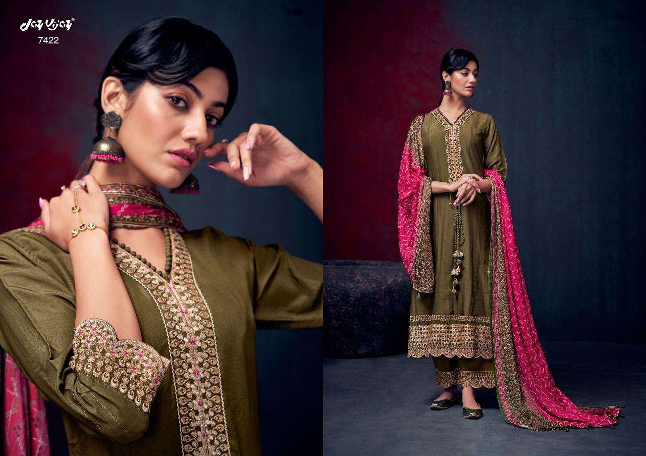 ROZINA BY JAY VIJAY PRINTS 7421 TO 7430 SERIES BEAUTIFUL SUITS COLORFUL STYLISH FANCY CASUAL WEAR & ETHNIC WEAR PURE SILK DRESSES AT WHOLESALE PRICE