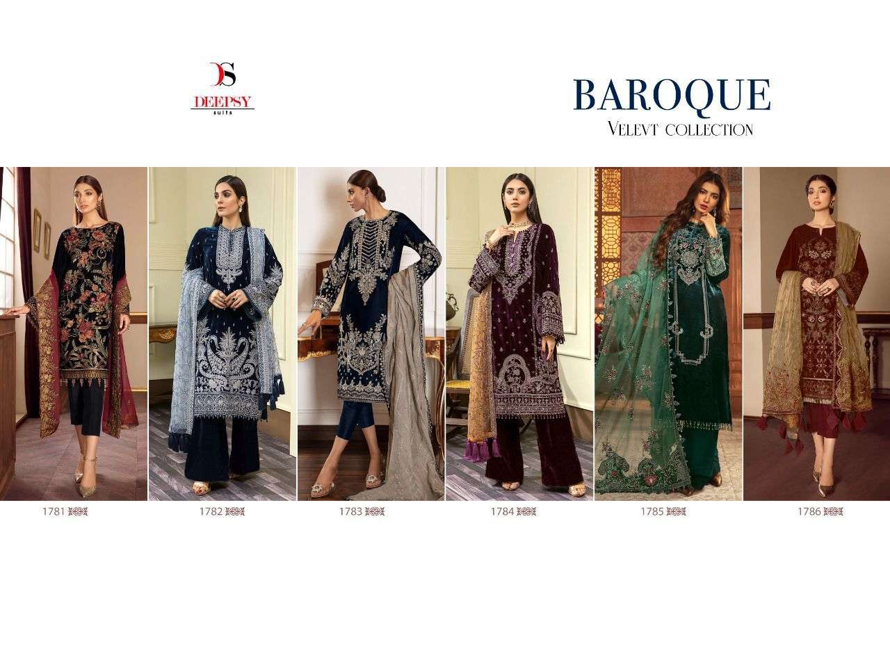 Baroque Velvet Collection By Deepsy Suits 1781 To 1786 Series Beautiful Pakistani Suits Colorful Stylish Fancy Casual Wear & Ethnic Wear Velvet Dresses At Wholesale Price