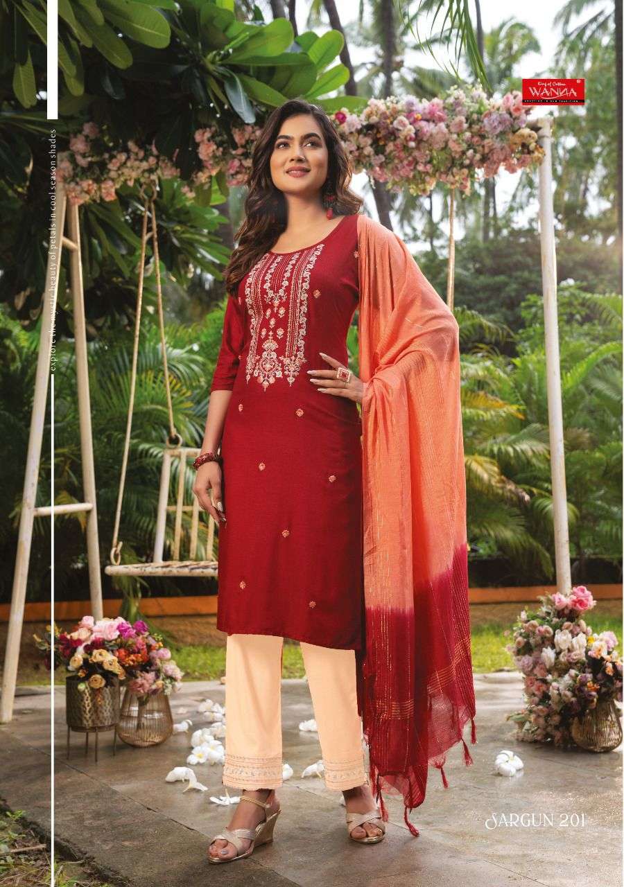 SARGUN VOL-2 BY WANNA 201 TO 207 SERIES BEAUTIFUL SUITS STYLISH FANCY COLORFUL PARTY WEAR & ETHNIC WEAR RAYON SLUB DRESSES AT WHOLESALE PRICE