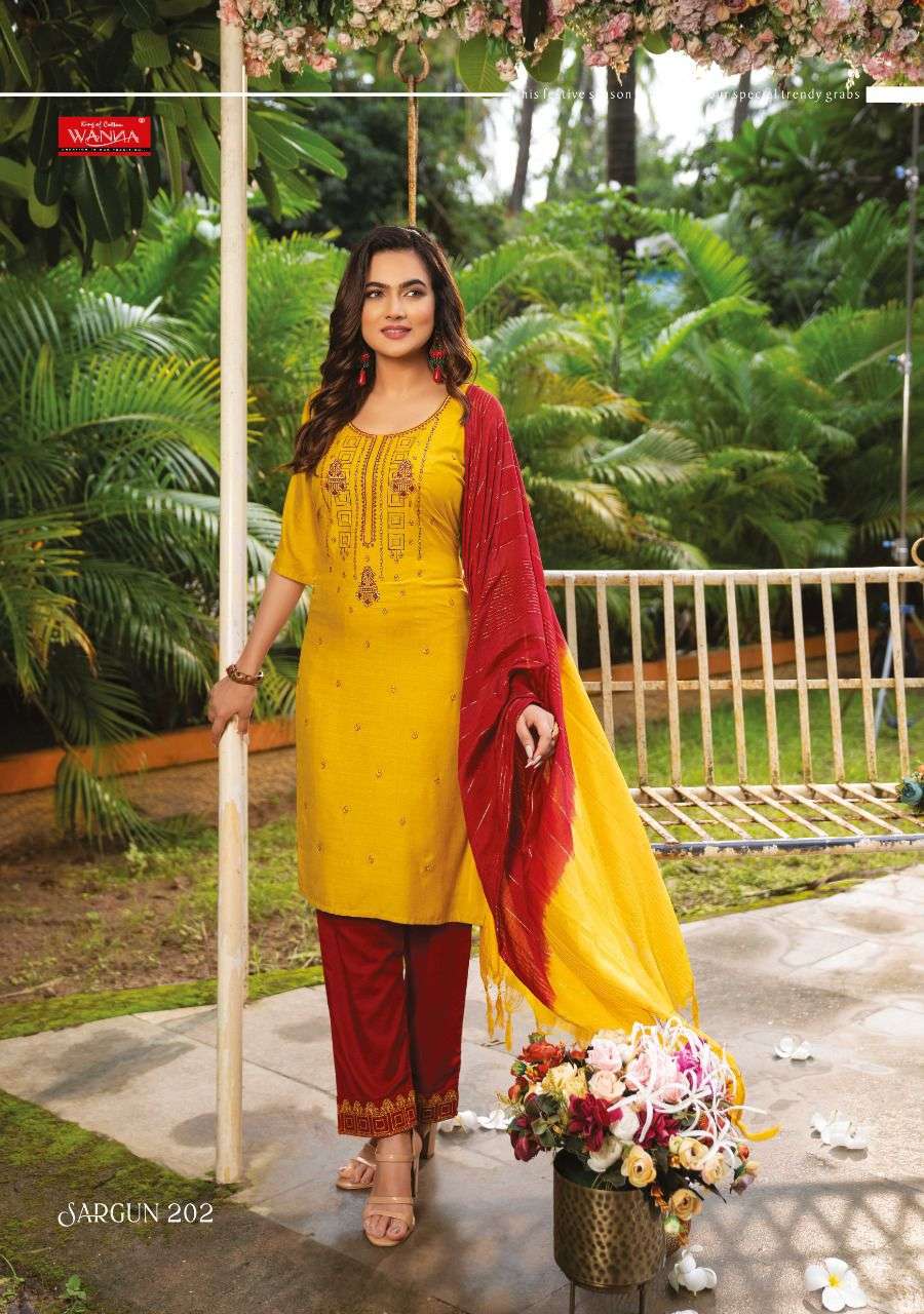 SARGUN VOL-2 BY WANNA 201 TO 207 SERIES BEAUTIFUL SUITS STYLISH FANCY COLORFUL PARTY WEAR & ETHNIC WEAR RAYON SLUB DRESSES AT WHOLESALE PRICE
