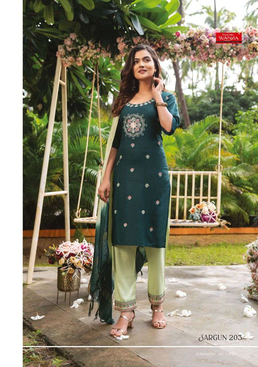 SARGUN VOL-2 BY WANNA 201 TO 207 SERIES BEAUTIFUL SUITS STYLISH FANCY COLORFUL PARTY WEAR & ETHNIC WEAR RAYON SLUB DRESSES AT WHOLESALE PRICE