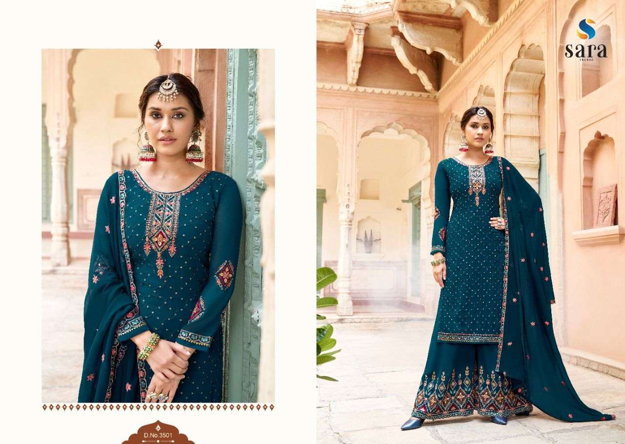 BAANI BY SARA TRENDZ 3501 TO 3504 SERIES BEAUTIFUL SHARARA SUITS COLORFUL STYLISH FANCY CASUAL WEAR & ETHNIC WEAR GEORGETTE EMBROIDERED DRESSES AT WHOLESALE PRICE