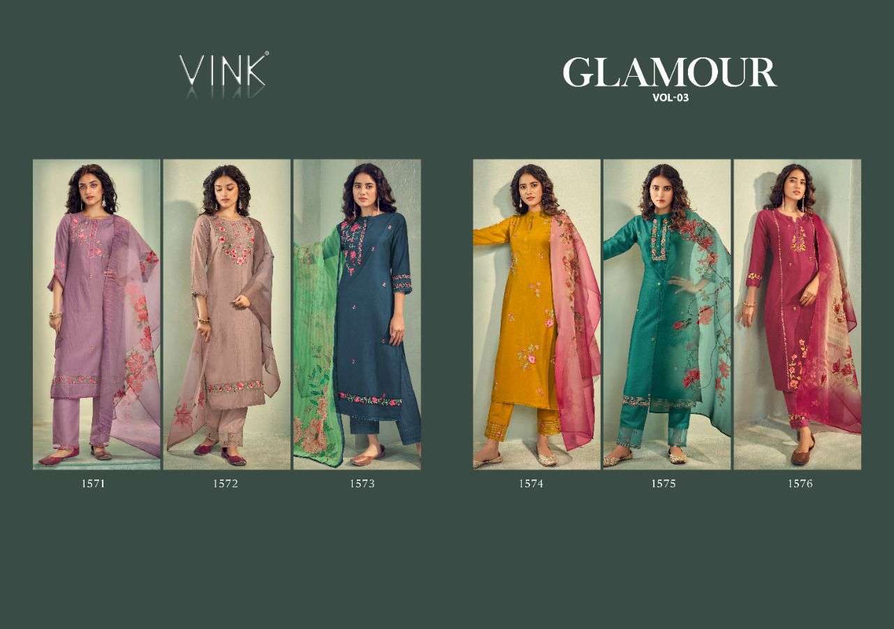 GLAMOUR VOL-3 BY VINK 1571 TO 1576 SERIES BEAUTIFUL SUITS COLORFUL STYLISH FANCY CASUAL WEAR & ETHNIC WEAR SILK DRESSES AT WHOLESALE PRICE