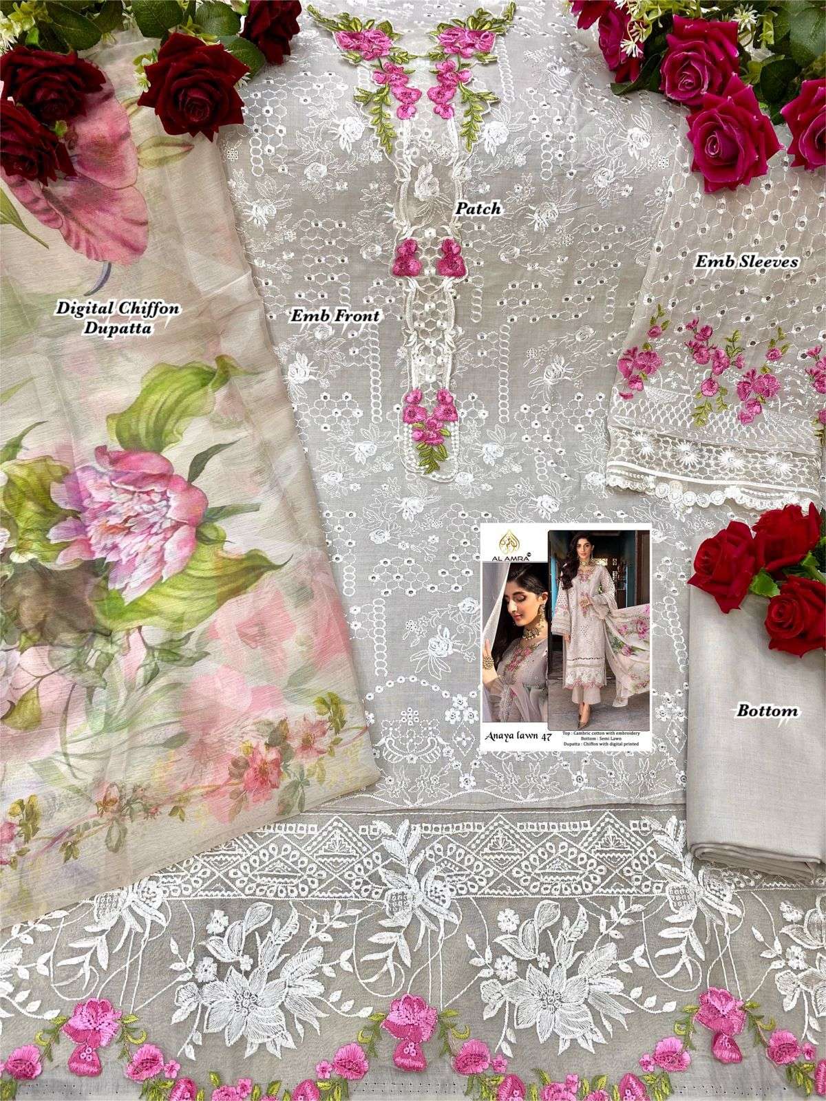 ANAYA LAWN 47 BY AL AMRA PAKISTANI SUITS BEAUTIFUL FANCY COLORFUL STYLISH PARTY WEAR & OCCASIONAL WEAR CAMBRIC COTTON WITH EMBROIDERY DRESSES AT WHOLESALE PRICE
