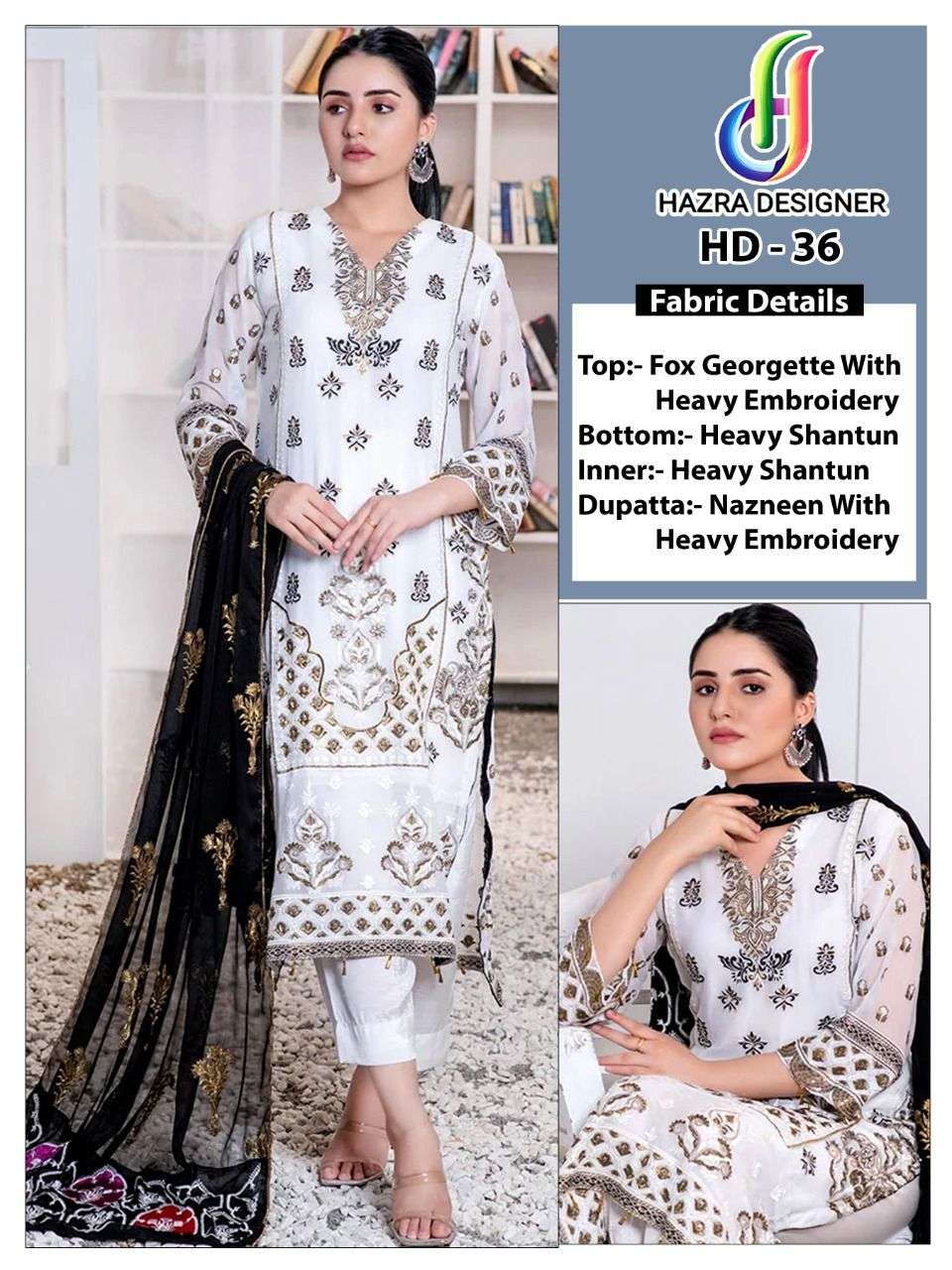 HAZRA HIT DESIGN 36 BY HAZRA DESIGNER BEAUTIFUL STYLISH PAKISATNI SUITS FANCY COLORFUL CASUAL WEAR & ETHNIC WEAR & READY TO WEAR FAUX GEORGETTE EMBROIDERY DRESSES AT WHOLESALE PRICE