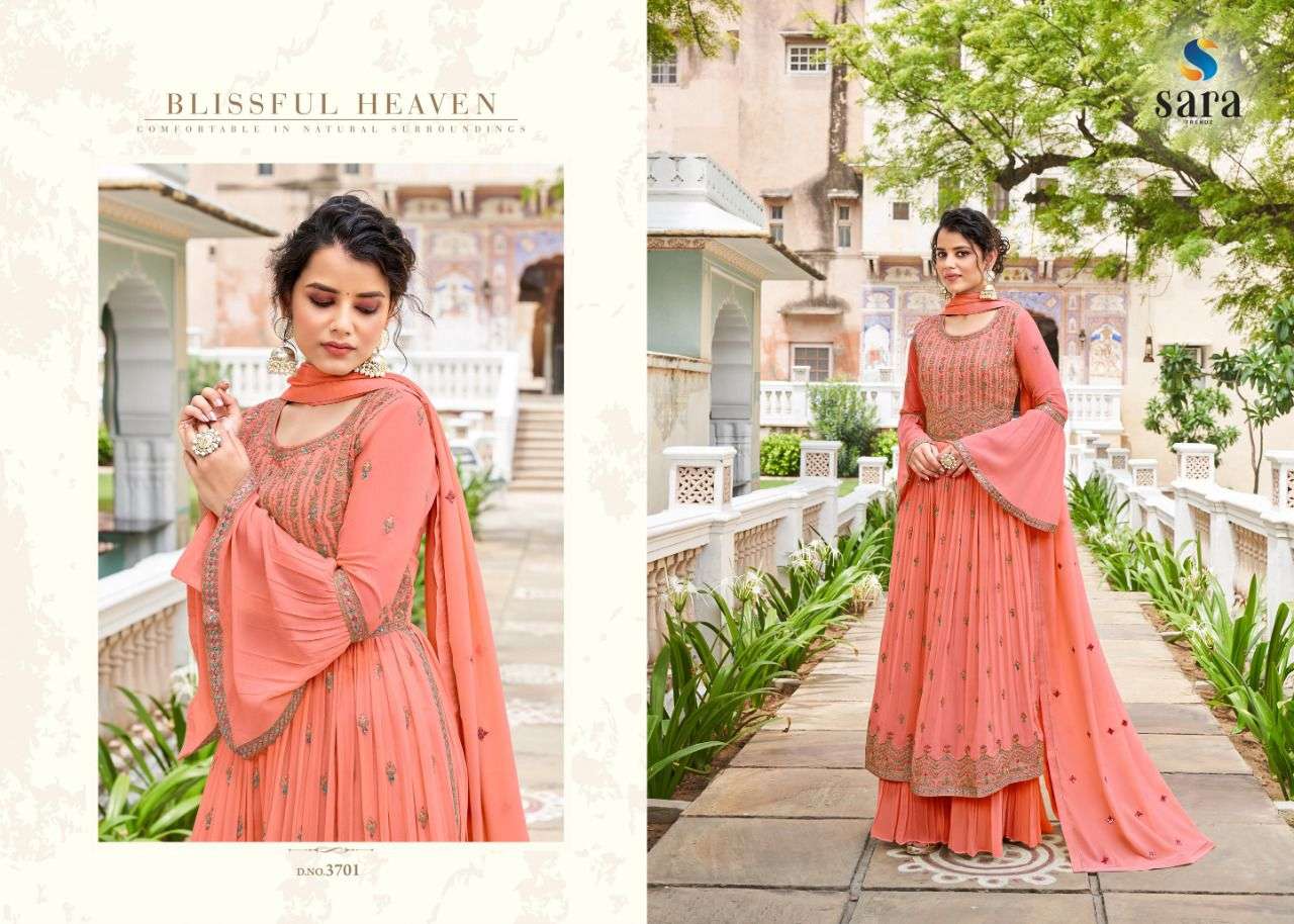 MAAHI BY SARA TRENDZ 3701 TO 3704 SERIES BEAUTIFUL SHARARA SUITS STYLISH FANCY COLORFUL CASUAL WEAR & ETHNIC WEAR GEORGETTE EMBROIDERY DRESSES AT WHOLESALE PRICE