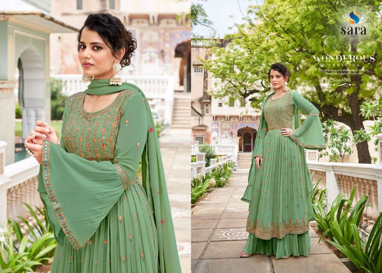 MAAHI BY SARA TRENDZ 3701 TO 3704 SERIES BEAUTIFUL SHARARA SUITS STYLISH FANCY COLORFUL CASUAL WEAR & ETHNIC WEAR GEORGETTE EMBROIDERY DRESSES AT WHOLESALE PRICE