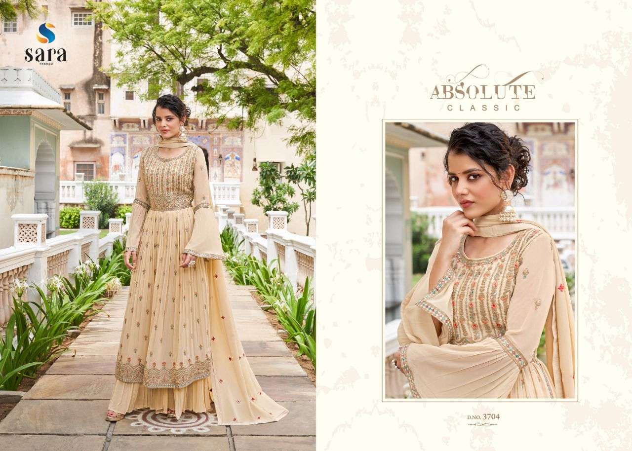 MAAHI BY SARA TRENDZ 3701 TO 3704 SERIES BEAUTIFUL SHARARA SUITS STYLISH FANCY COLORFUL CASUAL WEAR & ETHNIC WEAR GEORGETTE EMBROIDERY DRESSES AT WHOLESALE PRICE