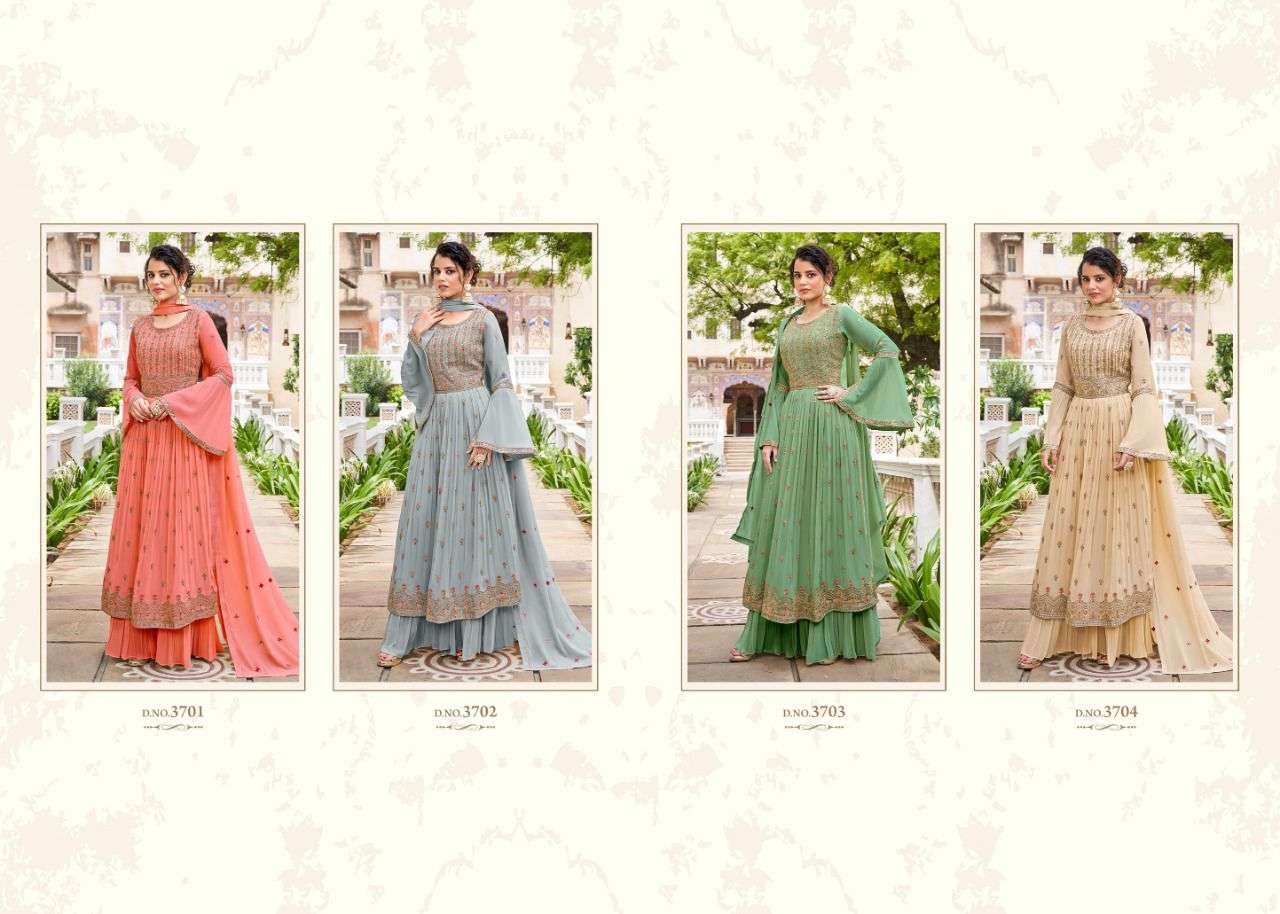 MAAHI BY SARA TRENDZ 3701 TO 3704 SERIES BEAUTIFUL SHARARA SUITS STYLISH FANCY COLORFUL CASUAL WEAR & ETHNIC WEAR GEORGETTE EMBROIDERY DRESSES AT WHOLESALE PRICE