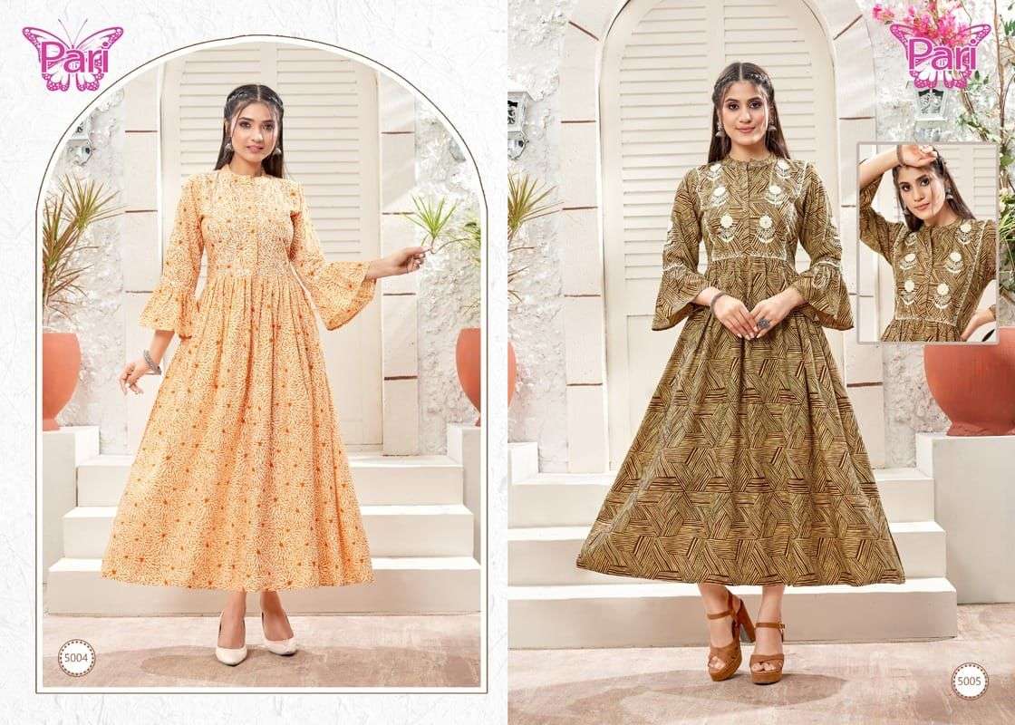 DUSTER BY PARI 5001 TO 5008 SERIES DESIGNER STYLISH FANCY COLORFUL BEAUTIFUL PARTY WEAR & ETHNIC WEAR COLLECTION RAYON PRINT GOWN AT WHOLESALE PRICE