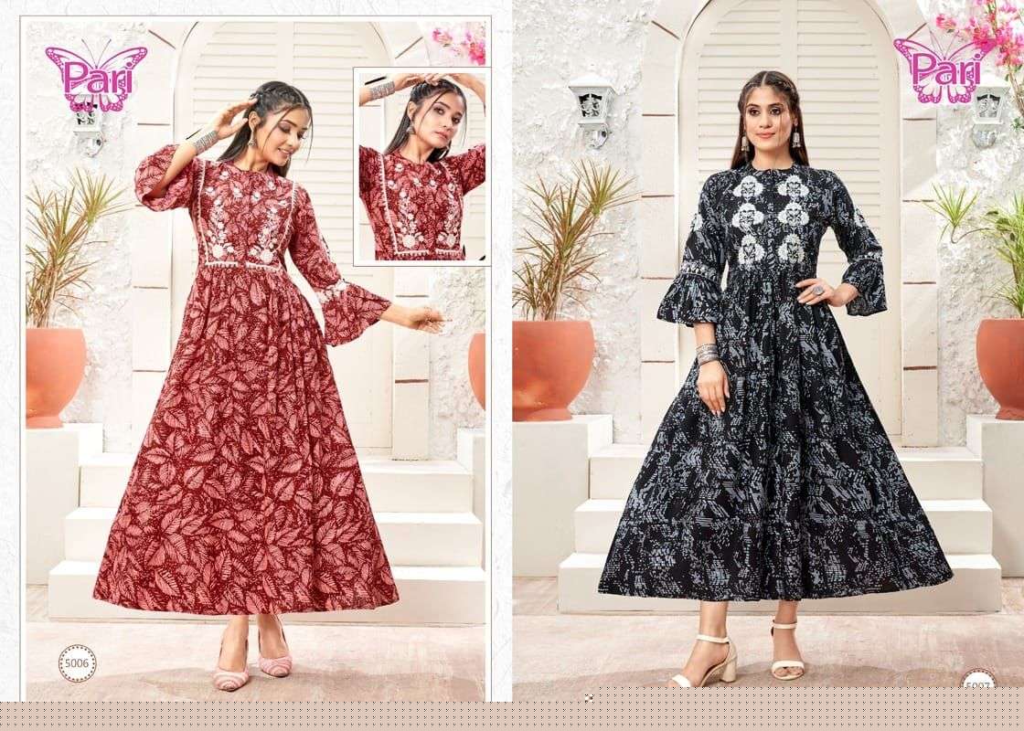 DUSTER BY PARI 5001 TO 5008 SERIES DESIGNER STYLISH FANCY COLORFUL BEAUTIFUL PARTY WEAR & ETHNIC WEAR COLLECTION RAYON PRINT GOWN AT WHOLESALE PRICE