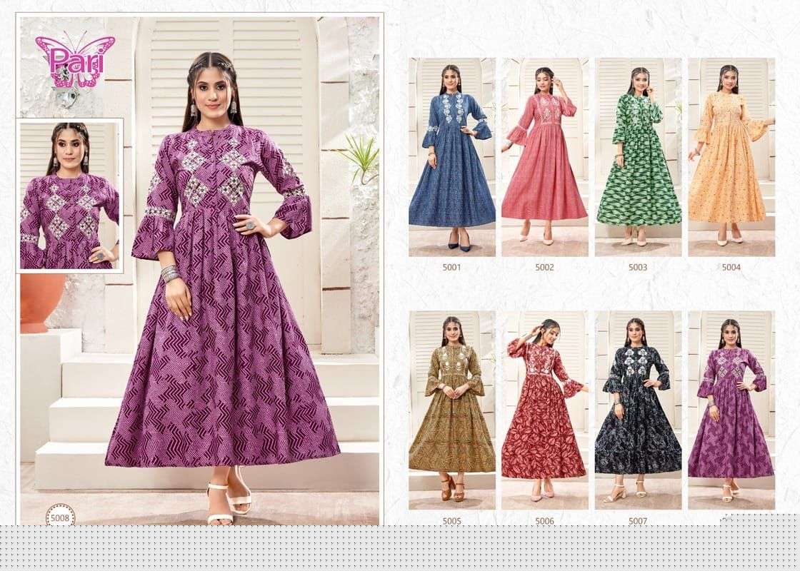 DUSTER BY PARI 5001 TO 5008 SERIES DESIGNER STYLISH FANCY COLORFUL BEAUTIFUL PARTY WEAR & ETHNIC WEAR COLLECTION RAYON PRINT GOWN AT WHOLESALE PRICE