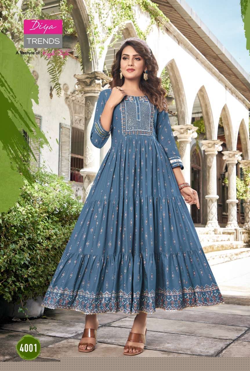 GROOM VOL-4 BY DIYA TRENDS 4001 TO 4010 SERIES DESIGNER STYLISH FANCY COLORFUL BEAUTIFUL PARTY WEAR & ETHNIC WEAR COLLECTION RAYON PRINT GOWNS AT WHOLESALE PRICE