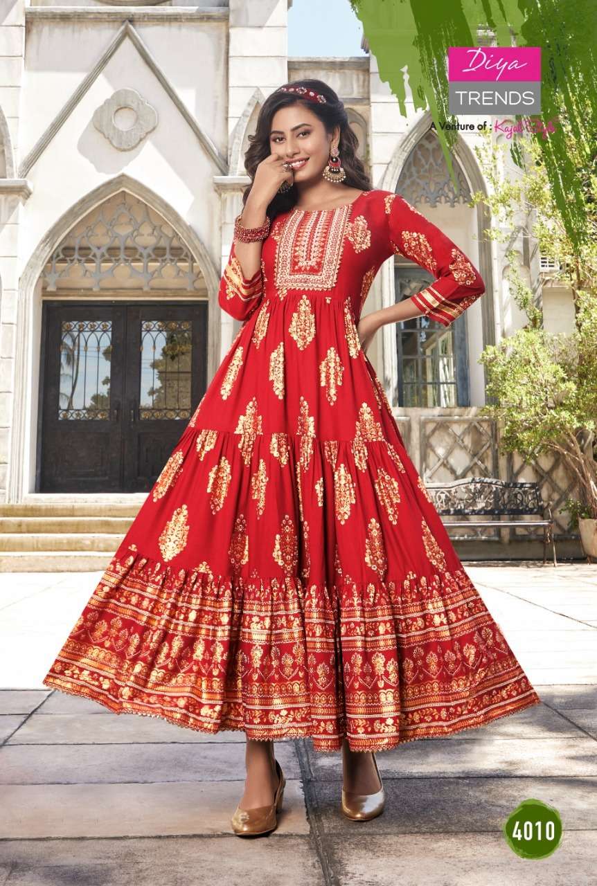 GROOM VOL-4 BY DIYA TRENDS 4001 TO 4010 SERIES DESIGNER STYLISH FANCY COLORFUL BEAUTIFUL PARTY WEAR & ETHNIC WEAR COLLECTION RAYON PRINT GOWNS AT WHOLESALE PRICE