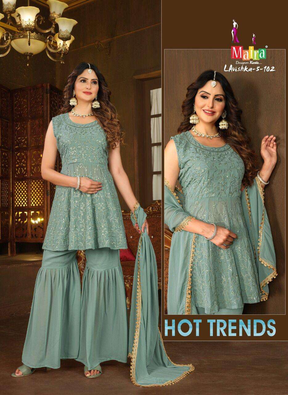 LAVISHKA VOL-5 BY MAIRA 101 TO 108 SERIES BEAUTIFUL SHARARA SUITS COLORFUL STYLISH FANCY CASUAL WEAR & ETHNIC WEAR GEORGETTE DRESSES AT WHOLESALE PRICE
